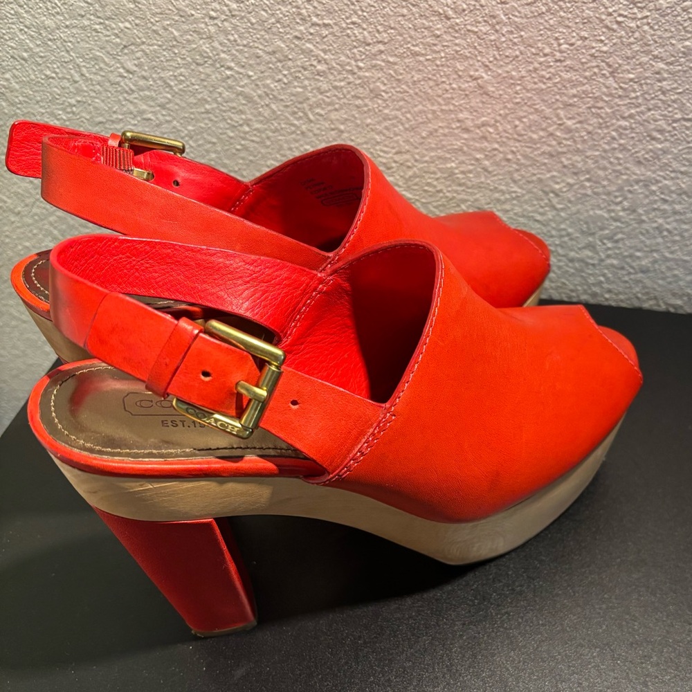Coach Red Leather Mules with Wooden Heel - Picture 1 of 7